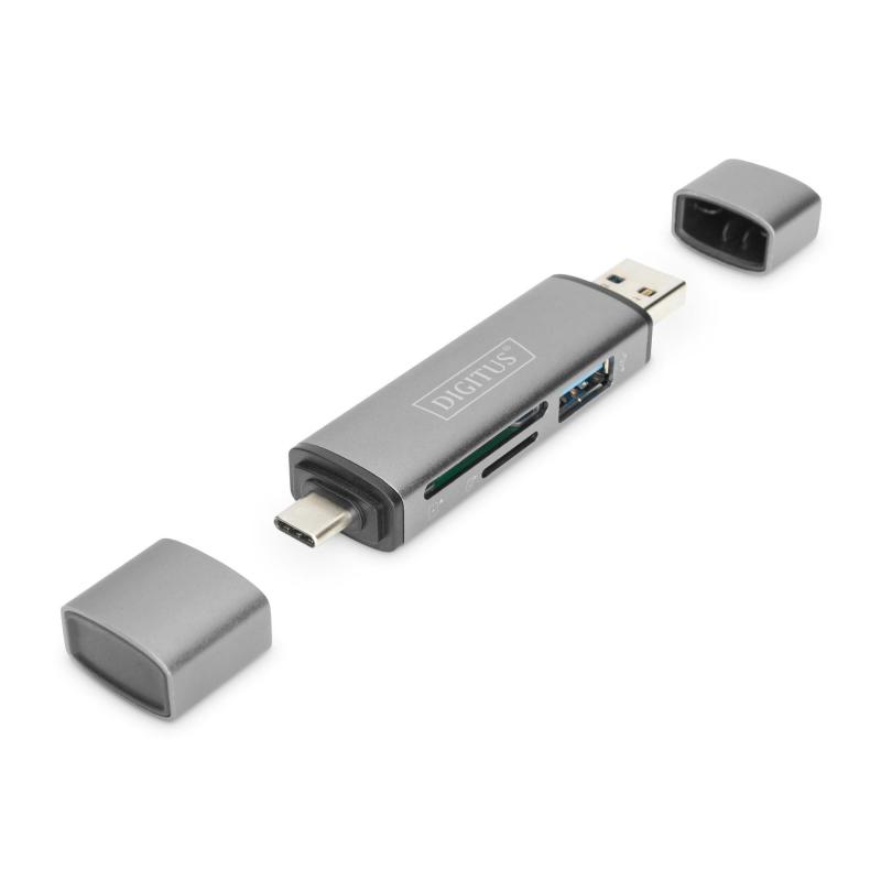 Czytnik kart DIGITUS 3-portowy USB Typ C/ USB 3.0 SuperSpeed SD Micro SD HQ aluminium szary