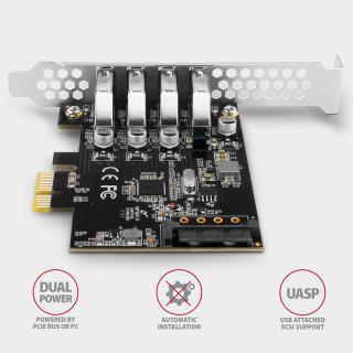 PCEU-43RS Kontroler PCIe 4x port USB 3.2 GEN 1, UASP, chipset Renesas, 15-pin SATA zasilacz