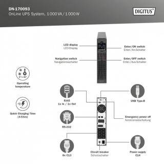 Zasilacz awaryjny UPS Online Rack 19" LCD, 1000VA/1000W, 2x12V/9Ah, 8xC13, USB, RS232, RJ45