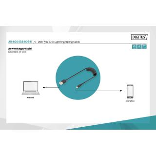 Kabel USB 2.0 DIGITUS spiralny USB A/Lightning, PD 20W, MFI, czarny, max. 1m