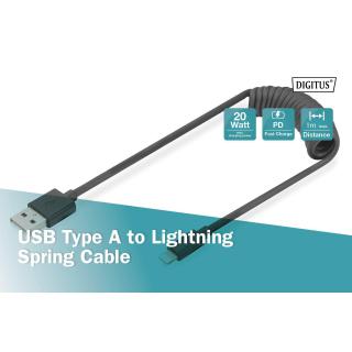 Kabel USB 2.0 DIGITUS spiralny USB A/Lightning, PD 20W, MFI, czarny, max. 1m