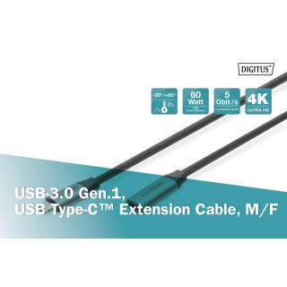 Kabel przedłużający USB 3.0 DIGITUS PREMIUM 60W/5Gbps Typ USB C/USB C Ż/M czarny 0,5m