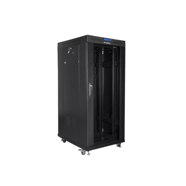 Szafa instalacyjna rack stojąca 19 cali 27u 800x1000 czarna drzwi szklane LCD (flat pack)