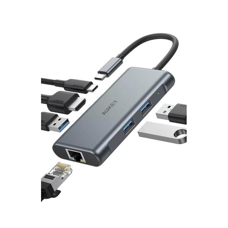 CB-C75 aluminiowy Hub USB-C | 6w1 | RJ45 Ethernet 10/100/1000Mbps | 3xUSB 3.1 | HDMI 4k@30Hz | USB-C Power Delivery 100W