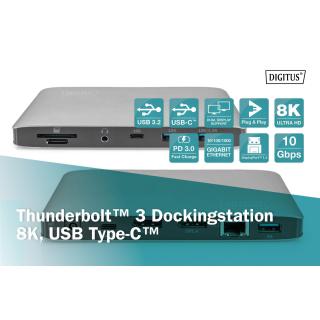 Stacja dokująca DIGITUS USB Typ C 11-portów z Thunderbolt 3, 8K 30Hz, PD 3.0, RJ45, aluminiowa