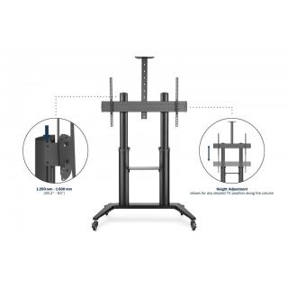 Stojak mobilny pojedynczy z półką i uchwytem na kamerę, 1xLCD max. 120" max. 140kg, VESA max. 1000x600