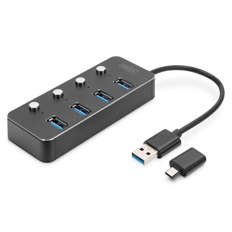 Hub USB 3.0/Koncentrator DIGITUS 4-portowy USB A + adapter USB-C 5Gbps z wyłącznikami aluminiowy pasywny