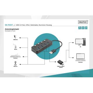 Hub USB 3.0/Koncentrator DIGITUS 4-portowy USB A + adapter USB-C 5Gbps z wyłącznikami aluminiowy pasywny