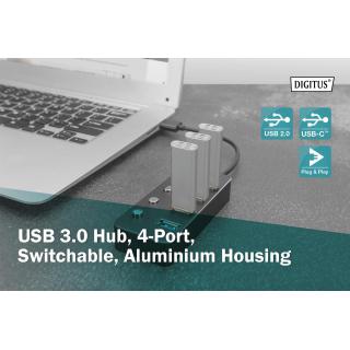 Hub USB 3.0/Koncentrator DIGITUS 4-portowy USB A + adapter USB-C 5Gbps z wyłącznikami aluminiowy pasywny