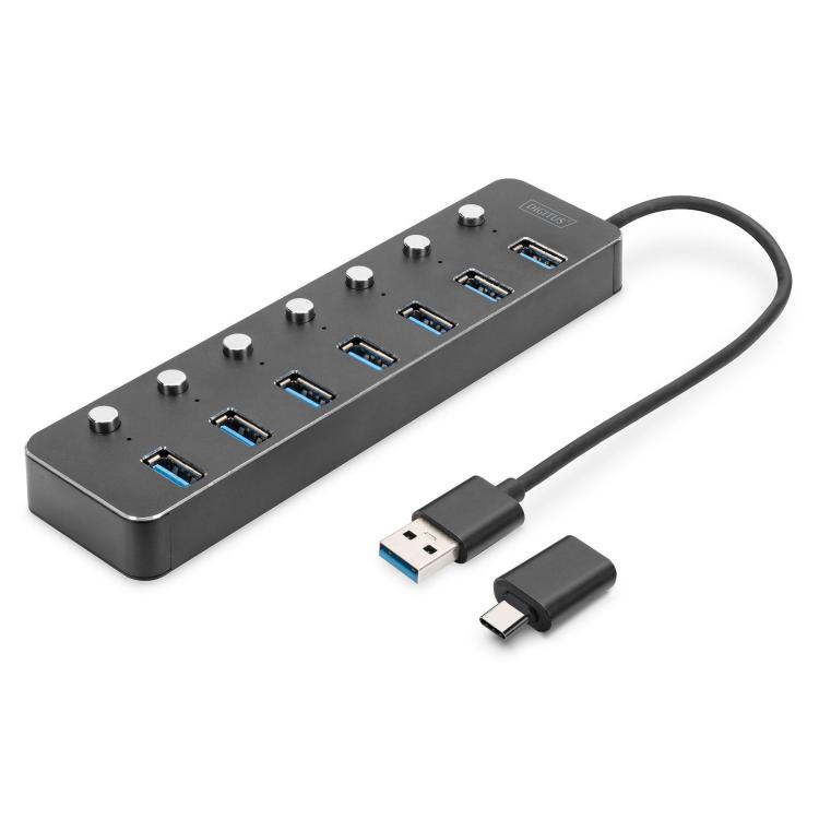 Hub USB 3.0/Koncentrator DIGITUS 7-portowy USB A + adapter USB-C 5Gbps z wyłącznikami aluminiowy aktywny