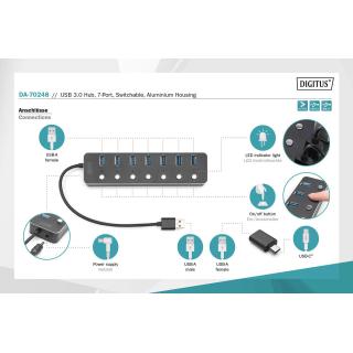 Hub USB 3.0/Koncentrator DIGITUS 7-portowy USB A + adapter USB-C 5Gbps z wyłącznikami aluminiowy aktywny