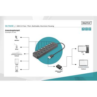 Hub USB 3.0/Koncentrator DIGITUS 7-portowy USB A + adapter USB-C 5Gbps z wyłącznikami aluminiowy aktywny