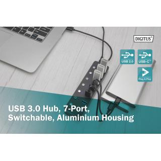 Hub USB 3.0/Koncentrator DIGITUS 7-portowy USB A + adapter USB-C 5Gbps z wyłącznikami aluminiowy aktywny