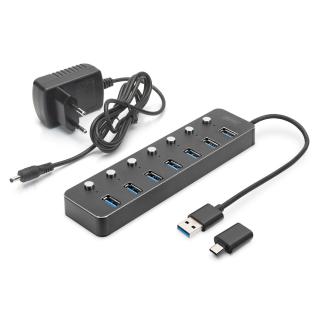 Hub USB 3.0/Koncentrator DIGITUS 7-portowy USB A + adapter USB-C 5Gbps z wyłącznikami aluminiowy aktywny