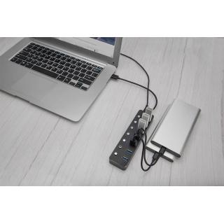 Hub USB 3.0/Koncentrator DIGITUS 7-portowy USB A + adapter USB-C 5Gbps z wyłącznikami aluminiowy aktywny