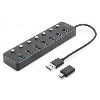 Hub USB 3.0/Koncentrator 7-portowy USB A + adapter USB-C 5Gbps z wyłącznikami, aluminiowy, aktywny