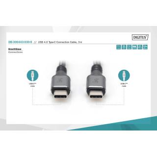 Kabel połączeniowy DIGITUS PREMIUM USB 4.0 Typ USB C/USB C M/M 20Gbps PD 3.0 60W 4K 60Hz czarny nylon 3m