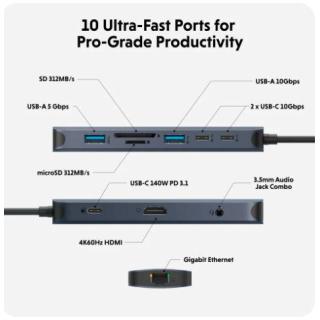 Koncentrator HyperDrive Next 10-Port USB-C Hub HDMI/4K60Hz/SD/mSD/PD 3.1 140W power pass-through