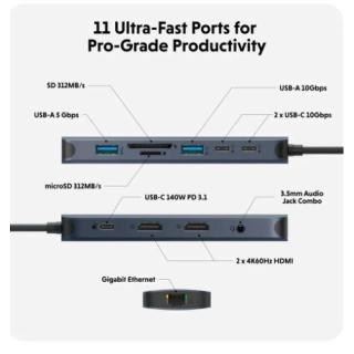 Koncentrator HyperDrive Next 11-Port USB-C Hub 2xHDMI/4K60Hz/SD/mSD/PD 3.1 140W power pass-through/miniJack