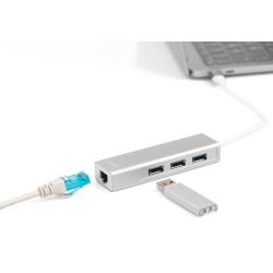 HUB/Koncentrator DIGITUS 3-portowy USB Typ C, USB A HighSpeed z Gigabit LAN aluminium