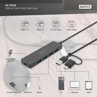 Hub USB 3.0/Koncentrator DIGITUS 4-portowy SlimLine USB A + adapter USB-C 1,2m 5Gbps złącze zasilania USB-C