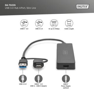 Hub USB 3.0/Koncentrator DIGITUS 4-portowy SlimLine USB A + adapter USB-C 0,2m 5Gbps złącze zasilania USB-C