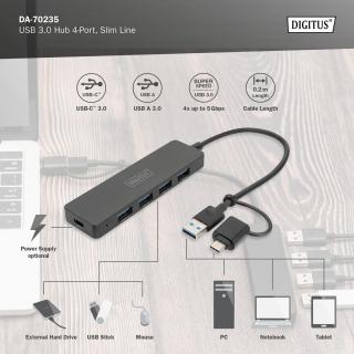 Hub USB 3.0/Koncentrator DIGITUS 4-portowy SlimLine USB A + adapter USB-C 0,2m 5Gbps złącze zasilania USB-C