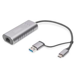 Karta sieciowa DIGITUS przewodowa USB 3.1 Typ C + USB A do 1x RJ45 2.5 Gigabit Ethernet 10/100/1000/2500Mbps