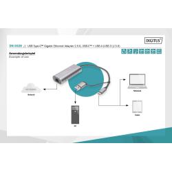 Karta sieciowa DIGITUS przewodowa USB 3.1 Typ C + USB A do 1x RJ45 2.5 Gigabit Ethernet 10/100/1000/2500Mbps