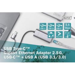 Karta sieciowa DIGITUS przewodowa USB 3.1 Typ C + USB A do 1x RJ45 2.5 Gigabit Ethernet 10/100/1000/2500Mbps