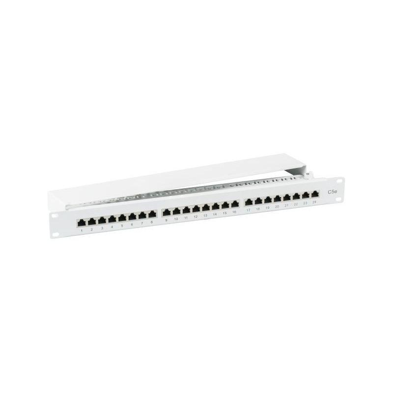 Patch panel EFB-Elektronik 37668.1M, 24 porty RJ45 Cat5e STP, 1U, z tacką na kable i z pokrywą, szary