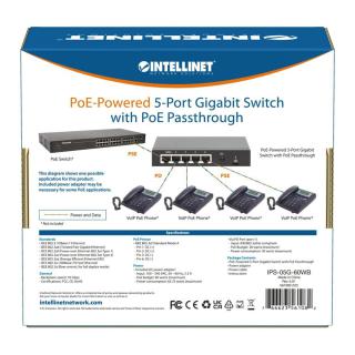 Switch Gigabit 5xPoE Passthrough zasilany PoE lub AC,68W