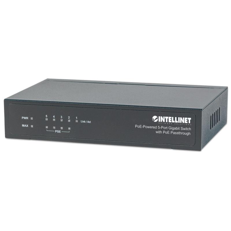 Switch niezarządzalny Intellinet 5x 10/100/1000 Mbps w tym 1x port PoE+ Passthrough 26W/68W Desktop