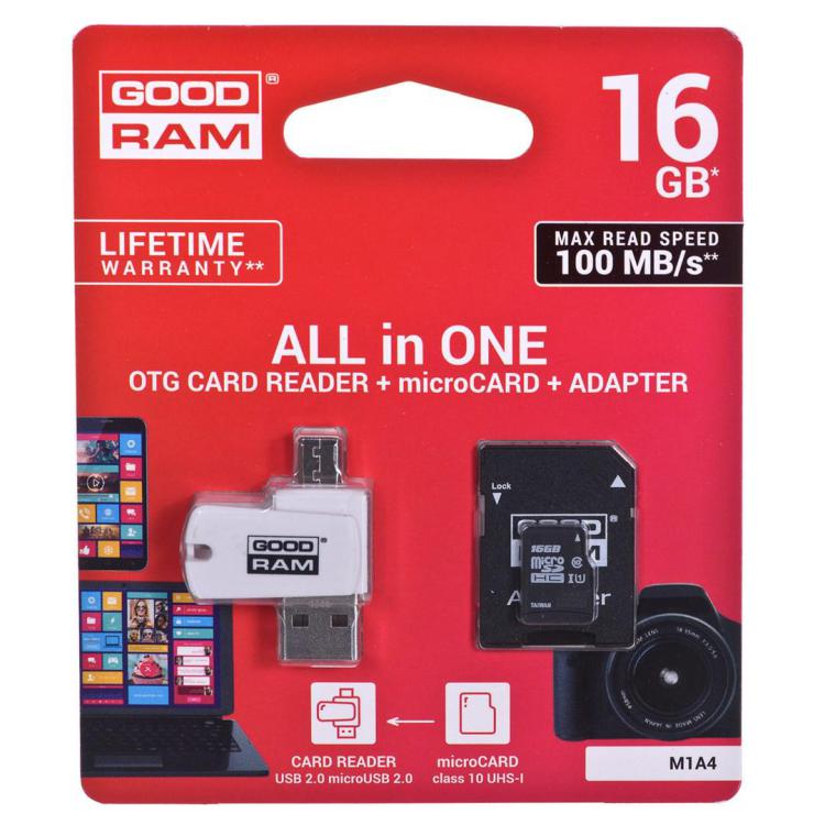 Karta pamięci z adapterem i czytnikiem kart GoodRam All in one M1A4-0160R12 (16GB Class 10 Adapter, Czytnik kart MicroSDHC,