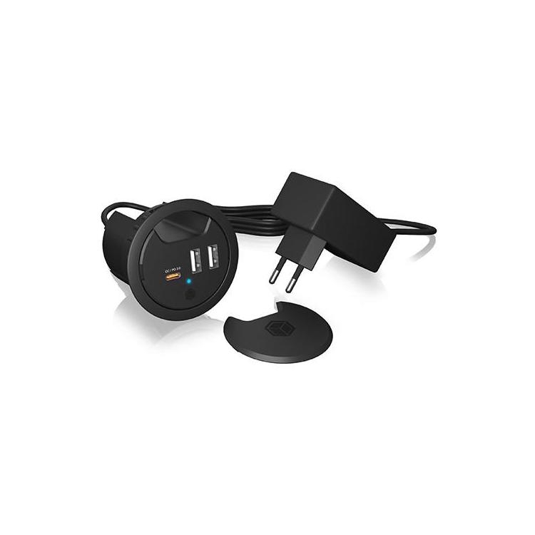 IB-HUB1407 3 Port ładowarka do biurka, 2x USB-A, 1x USB-C, otwór 60mm