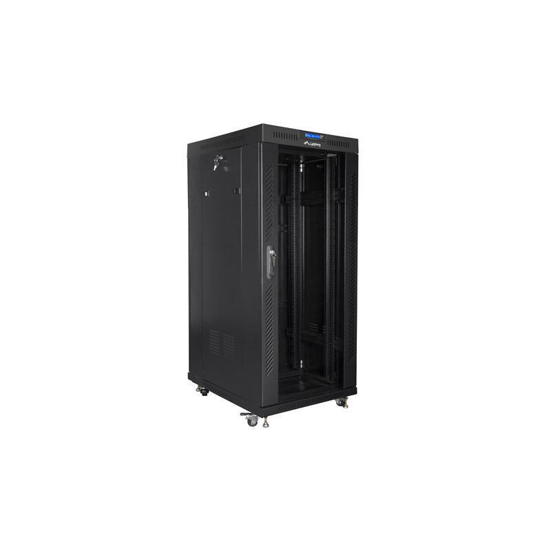 Szafa instalacyjna Rack stojąca 19" 27U 600x800 czarna drzwi szklane LCD Lanberg (flat pack)