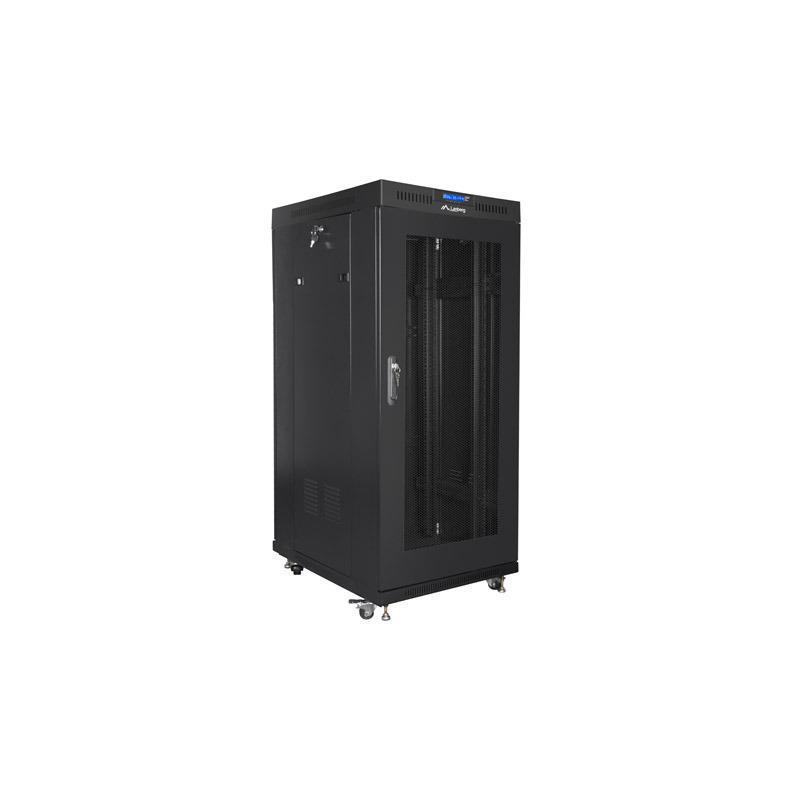 Szafa instalacyjna Rack stojąca 19" 27U 600x800 czarna drzwi perforowane LCD Lanberg (flat pack)