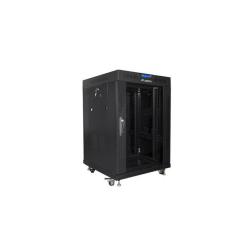 Szafa instalacyjna Rack stojąca 19" 15U 600x600 czarna drzwi szklane LCD Lanberg (flat pack)