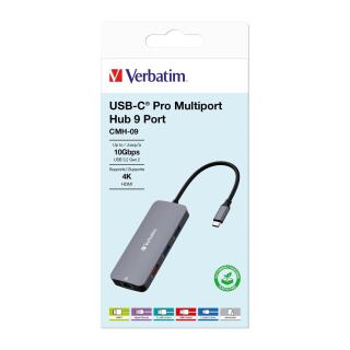 Hub USB Verbatim Multi Port CMH-09: 2xUSB-C 3.1, 1xUSB-A 3.1, 2xUSB-A 3.0, HDMI, RJ-45, SD/microSD