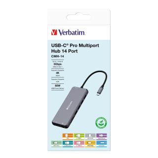 Hub USB Verbatim Multi Port CMH-14: 1x USB-C PD, 3xUSB-A 3.0, 1xUSB-C 3.0, 2xUSB-A 2.0, 2xHDMI, VGA, RJ-45, SD/microSD, audio