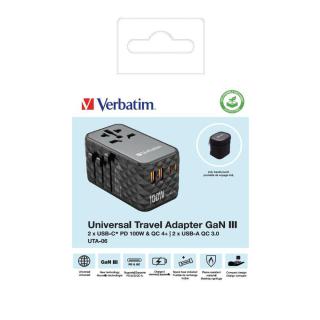 Adapter podróżny Verbatim UTA-06 GaN III globalny-globalny 2xUSB 2xUSB-C PD QC 4+