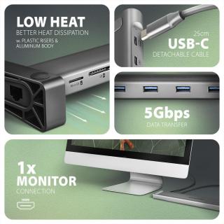 HMC-10HLS Wieloportowy hub USB 5Gbps 4x USB-A, HDMI 4K/60Hz, RJ-45, SD/microSD, PD 100W, 25cm USB-C kabel