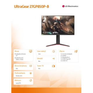 Monitor 27GP850P-B 27 cali IPS UltraGear QHD 165Hz 1ms