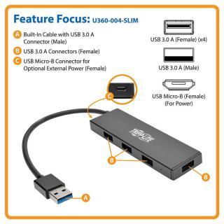 4-portowy, ultracienki, przenośny koncentrator USB 3.0 SuperSpeed U360-004-SLIM