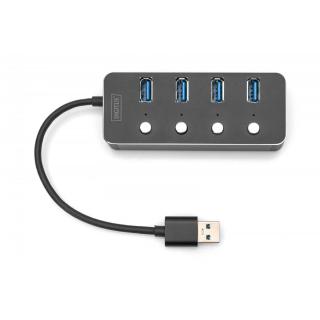 Hub USB 3.0/Koncentrator 4-portowy USB A + adapter USB-C 5Gbps z wyłącznikami, aluminiowy, pasywny