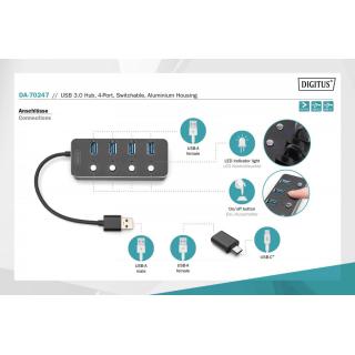 Hub USB 3.0/Koncentrator 4-portowy USB A + adapter USB-C 5Gbps z wyłącznikami, aluminiowy, pasywny