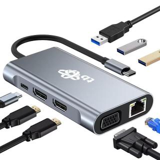 Adapter USB C 8w1 HDMIx2 USB VGA RJ45 PD