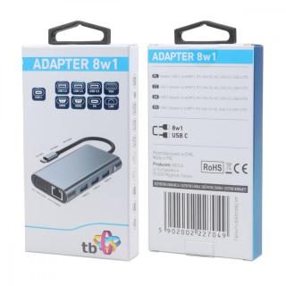 HUB Adapter USB C 8w1 HDMIx2 USB VGA RJ45 PD