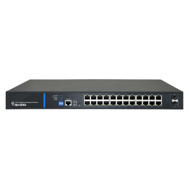 AVIZIO SWITCH ZARZĄDZALNY 24 PORTY RJ45 POE 1GB/S + 2 PORTY SFP UPLINK 1GB/S (BUDŻET MOCY 250W)