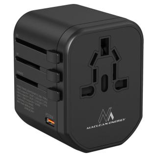 Adapter podróżny Maclean MCE238N zasilacz USB, 2xUSB 2,4A + USB-C PD 20W, Bezpiecznik 8A, Quick and Fast Charge, 200 krajów